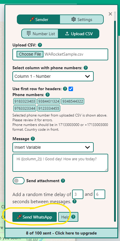 Click Send WhatsApp to send messages