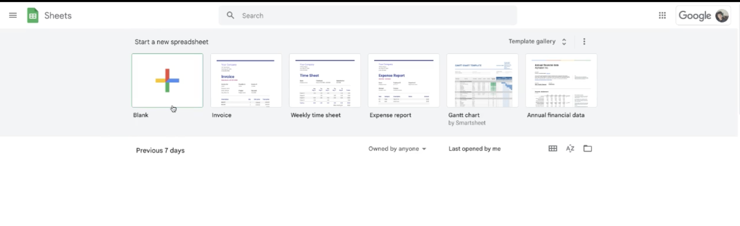 Google Sheets homepage