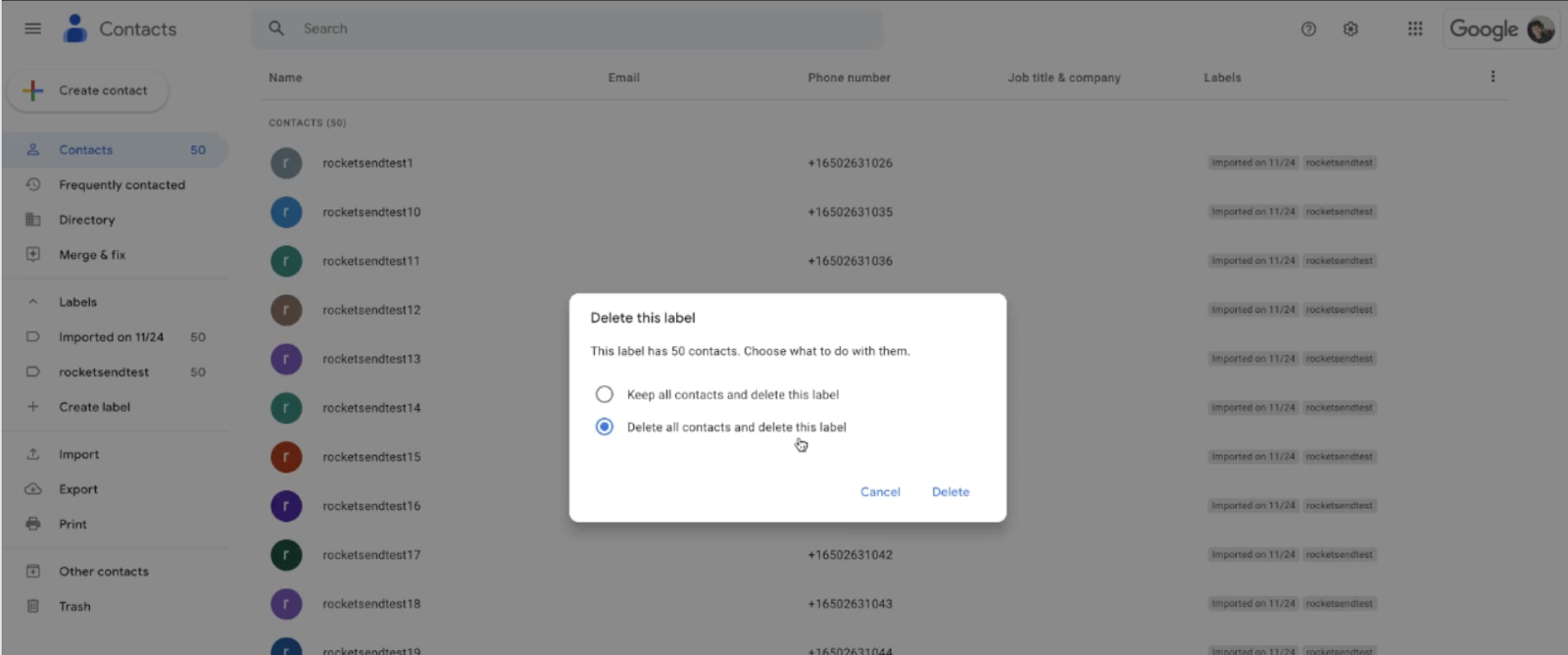 Delete contacts popup